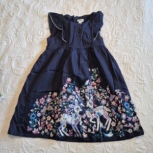Hatley girls size 6 navy blue deer & floral design sleeveless dress ruffle NWOT
